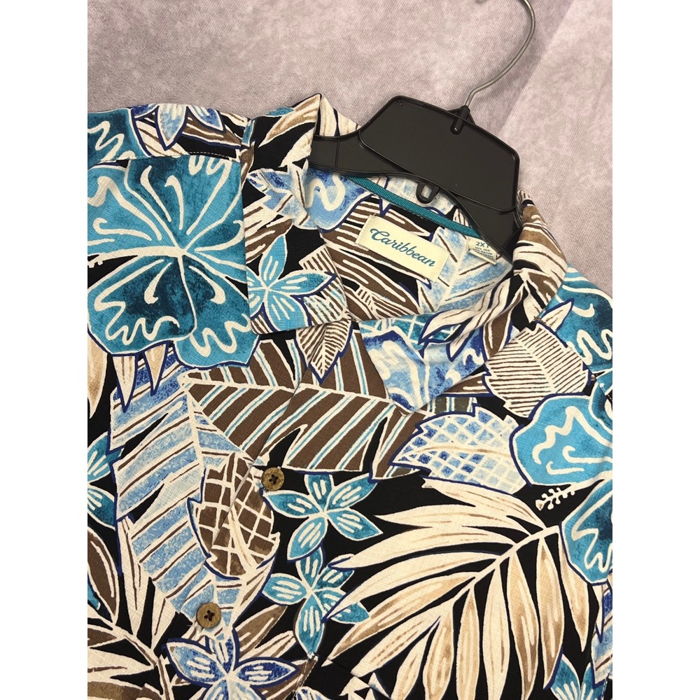 Caribbean Silk Blend‎ Tropical Hawaiian Shirt Mens 2XT Blue Brown Coconut Button